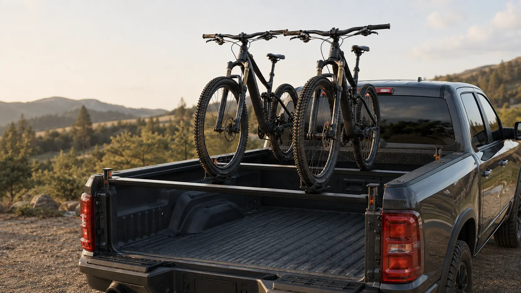 Concept visualization of a bike carrier supported at a pickup truck's factory stake-pocket locations