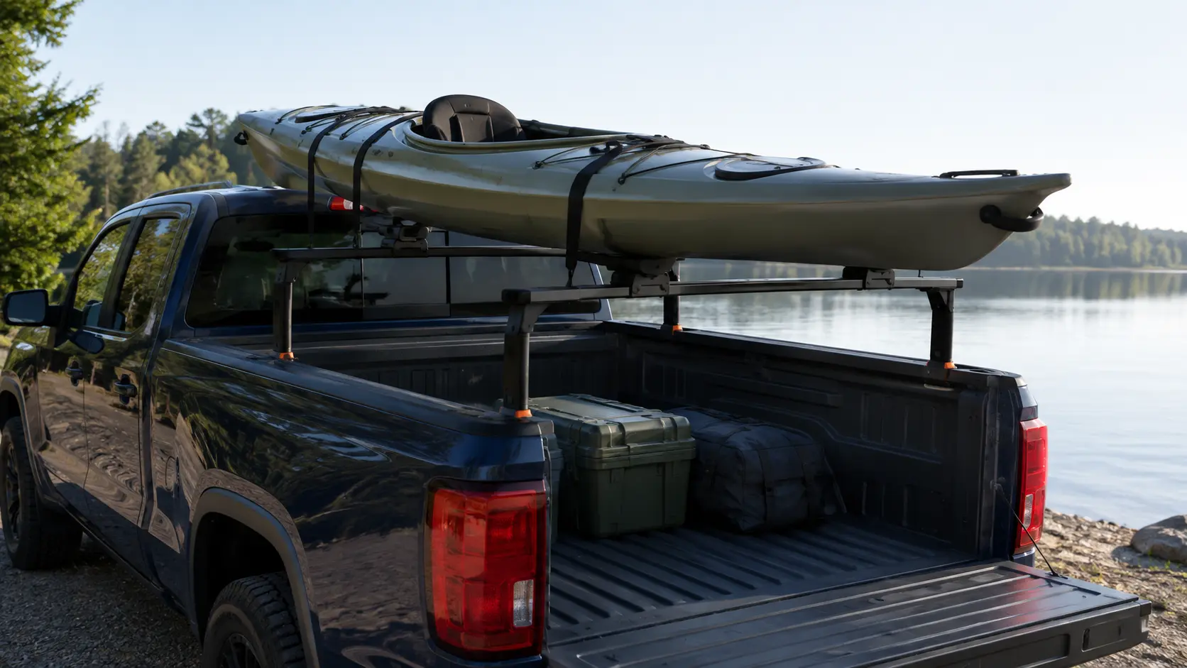 Concept visualization of a kayak carrier attached to a pickup truck through removable stake-pocket supports