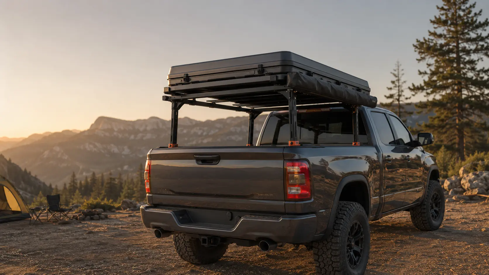 Concept visualization of a removable truck-bed rack supporting a rooftop tent