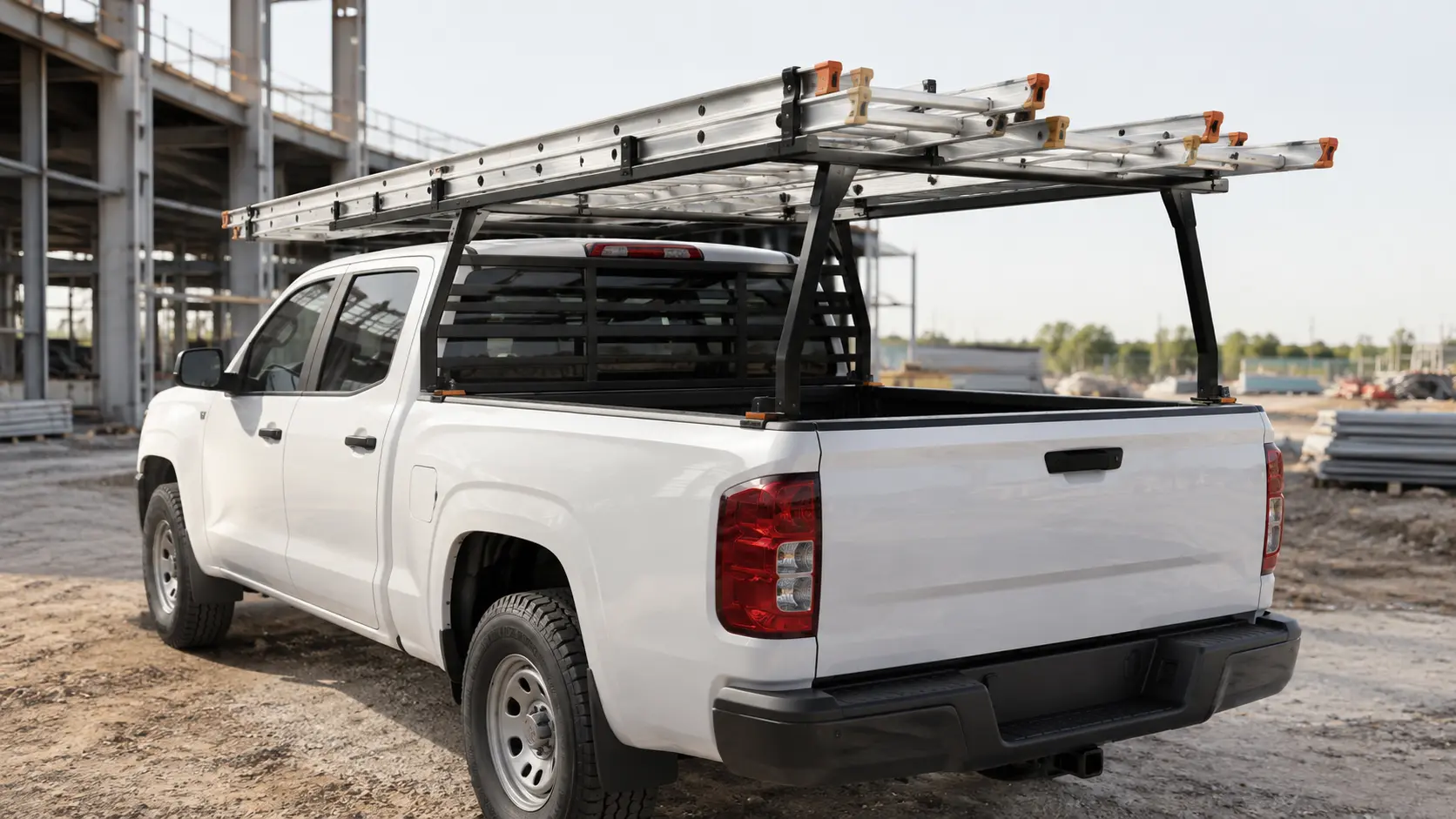 Concept visualization of a removable work-truck rack carrying ladders above a pickup bed